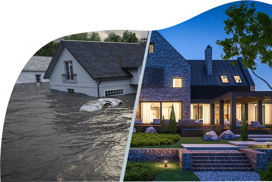 side by side image of a home in the middle of a flood with water covering the entire first floor compared to a beautiful restored home
